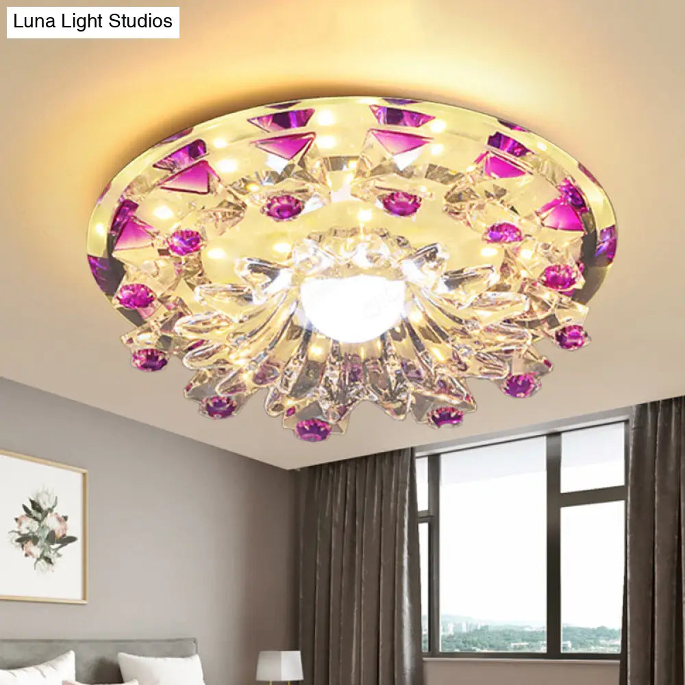 Modern Beveled Crystal Flower Flush Mount Led Ceiling Light Fixture In Purple - Perfect Hallway