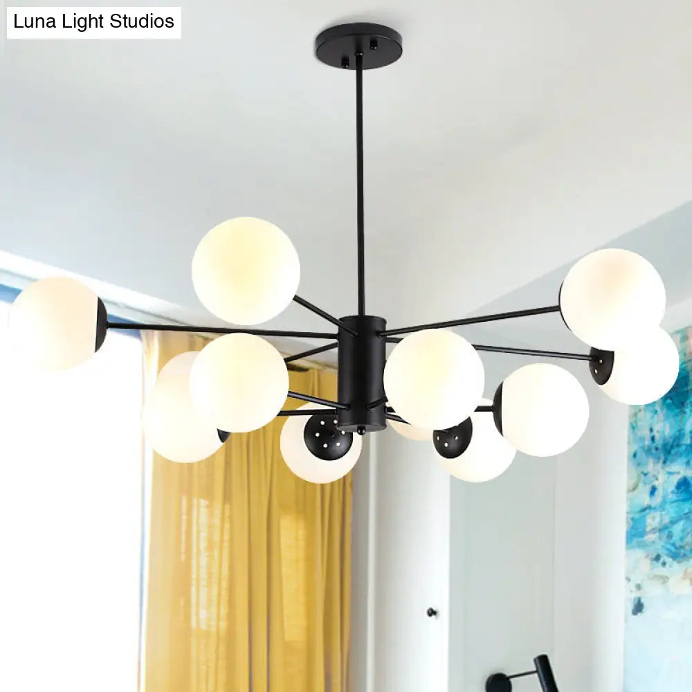 Modern Black 12-Light Chandelier With Frosted Glass Ball Shades - Perfect For Bedroom And Living