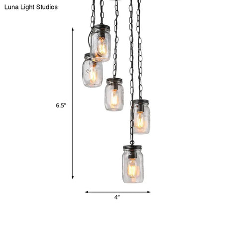 Modern Black 5-Light Cluster Pendant With Clear Glass Jar Shades - Hanging Light Fixture Cord/Chain