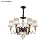 Modern Black 6-Head Chandelier With Clear Cylinder Shade - Sleek Metal Curvy Arms Hanging Light