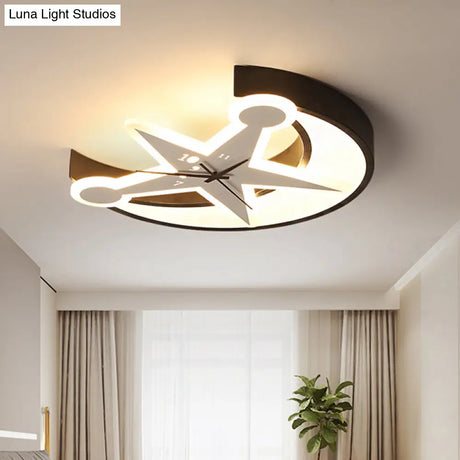 Modern Black Acrylic Clock Flush Ceiling Light With Moon & Star Led For Dining Room