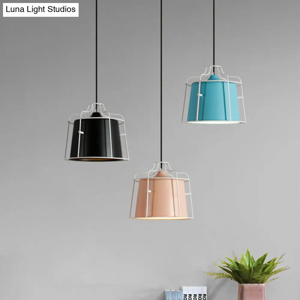 Modern Black/Blue Metal Pendant Light With Cage Shade - 1 Tapered Hanging Ceiling Lighting For
