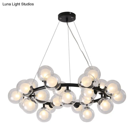 Modern Black Bubbled Wreath Chandelier With Clear And Frosted Glass Shades - 15/25 Bulbs Hanging