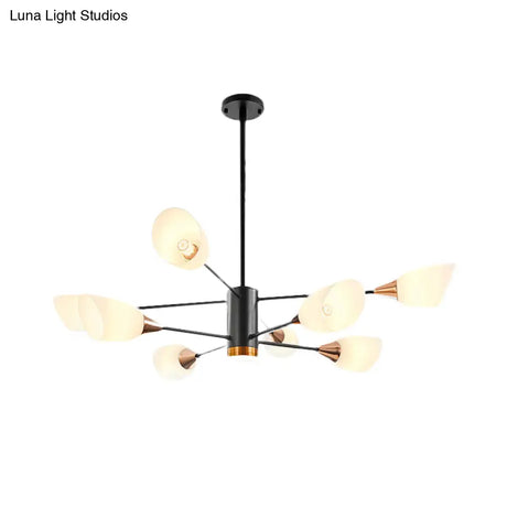 Modern Black Chandelier - 8 Heads Living Room Pendant Light Fixture With Floral Glass Shade