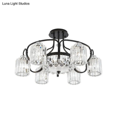 Modern Black Crystal Ceiling Lamp With Clear Cylindrical Shade - Semi Mount 4/8 Heads Dining Room