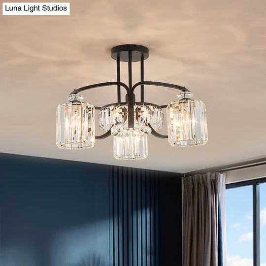 Modern Black Crystal Ceiling Lamp With Clear Cylindrical Shade - Semi Mount 4/8 Heads Dining Room