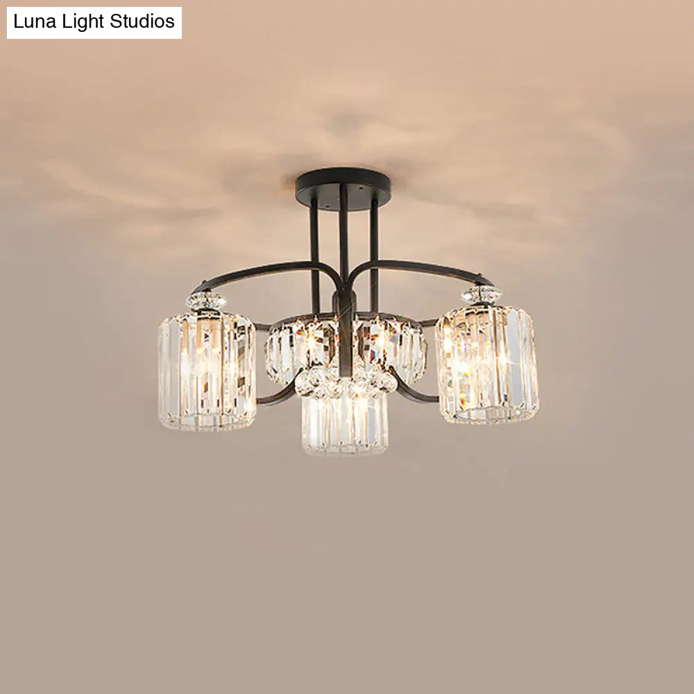 Modern Black Crystal Ceiling Lamp With Clear Cylindrical Shade - Semi Mount 4/8 Heads Dining Room