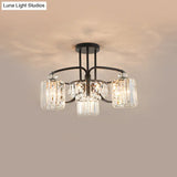 Modern Black Crystal Ceiling Lamp With Clear Cylindrical Shade - Semi Mount 4/8 Heads Dining Room