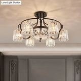 Modern Black Crystal Ceiling Lamp With Clear Cylindrical Shade - Semi Mount 4/8 Heads Dining Room