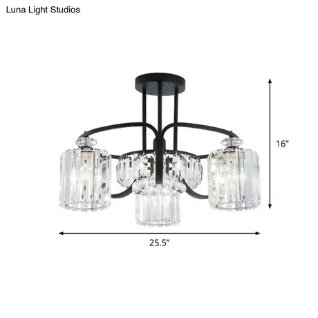Modern Black Crystal Ceiling Lamp With Clear Cylindrical Shade - Semi Mount 4/8 Heads Dining Room