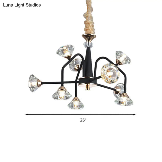 Modern Black Crystal Chandelier With 9/12 Lights - Pyramid Design Curved Arm Ceiling Hanging Light