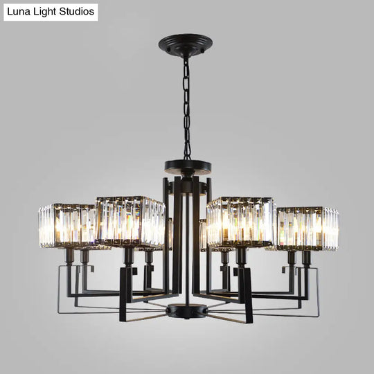Modern Black Crystal Chandelier With Crooked Metal Frame - 6/8 Heads Clear Cubic Shades