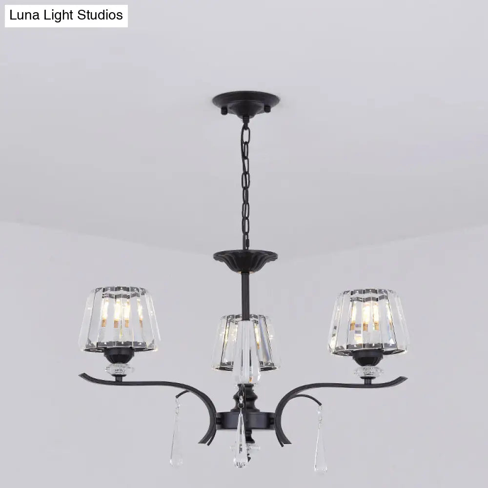 Modern Crystal Cone Chandelier: 3/6-Bulb Suspended Ceiling Lamp In Black Perfect For Bedrooms