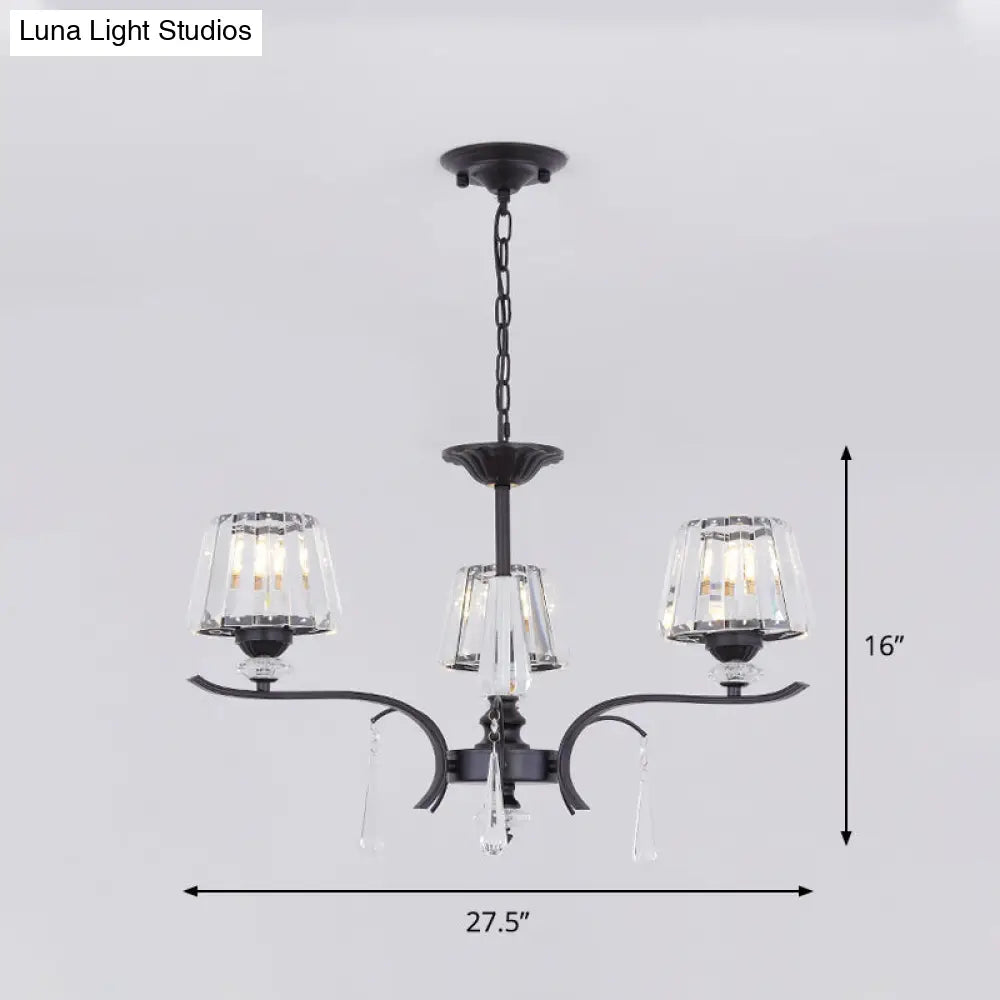 Modern Crystal Cone Chandelier: 3/6-Bulb Suspended Ceiling Lamp In Black Perfect For Bedrooms
