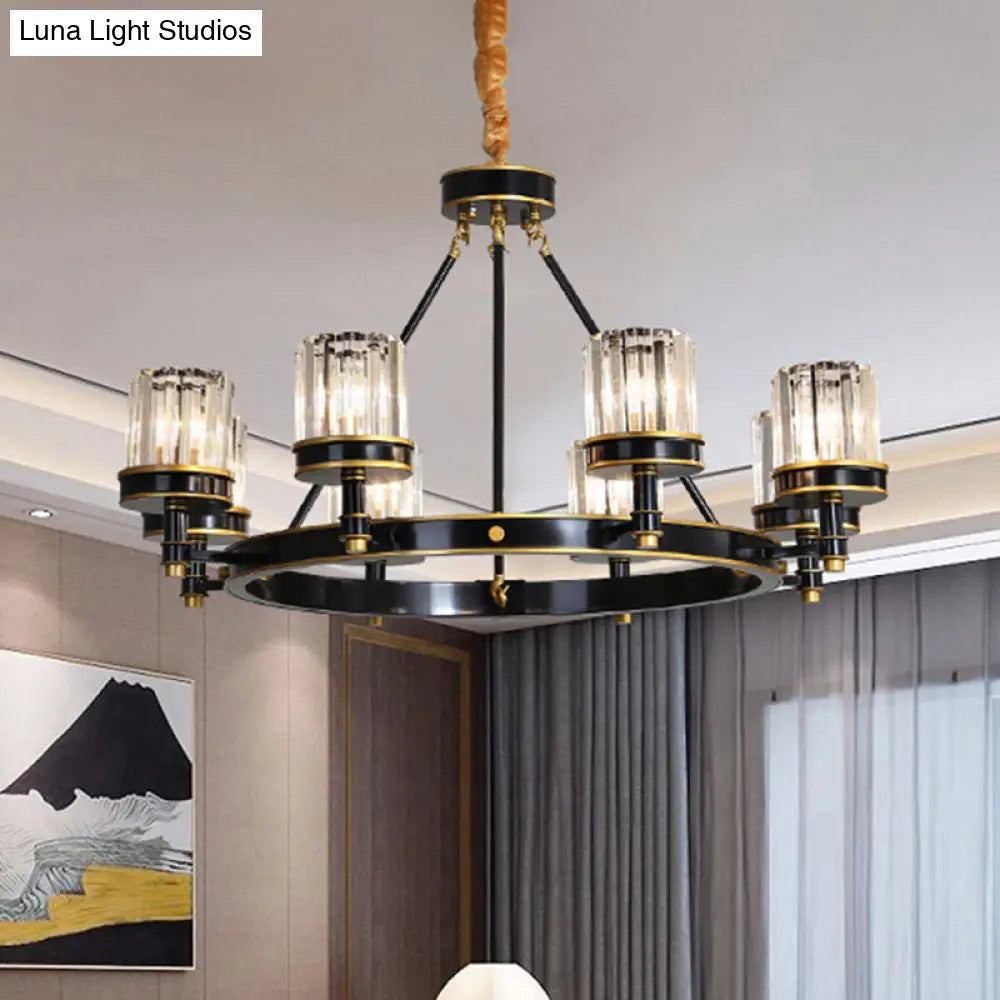 Modern Black Crystal Pendant Lighting Chandelier with Clear Cylinder Shade - 6/8 Heads for Great Rooms