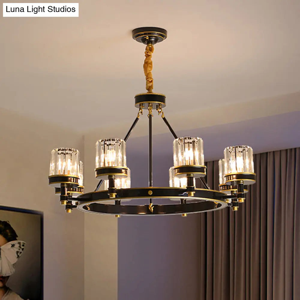 Modern Black Crystal Pendant Lighting Chandelier with Clear Cylinder Shade - 6/8 Heads for Great Rooms