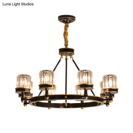 Modern Black Crystal Pendant Lighting Chandelier with Clear Cylinder Shade - 6/8 Heads for Great Rooms