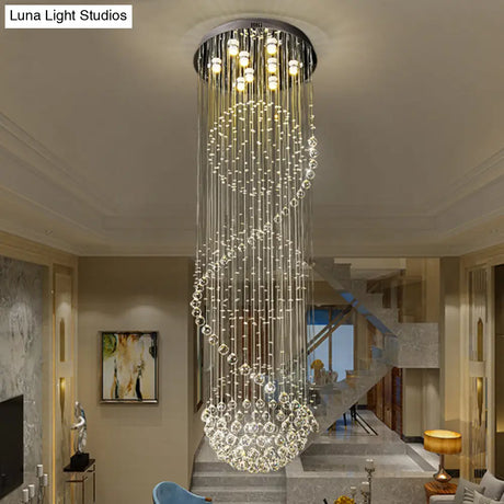 Modern Black Crystal Pendant With Clear Orbs And Rods - 9-Bulb Led Ceiling Fixture For Staircase