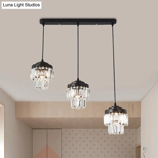 Contemporary 3-Head 2-Tier Cluster Pendant In Black With Clear Crystal Prism Accents - Modern