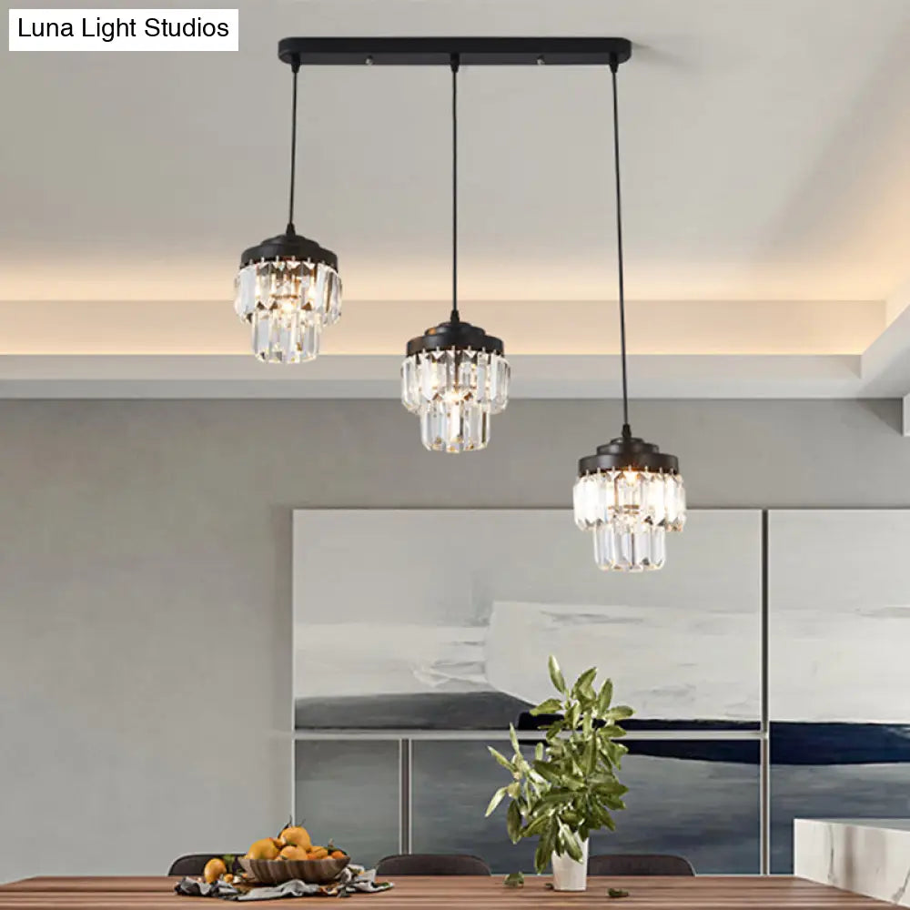 Contemporary 3-Head 2-Tier Cluster Pendant In Black With Clear Crystal Prism Accents - Modern