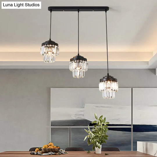 Contemporary 3-Head 2-Tier Cluster Pendant In Black With Clear Crystal Prism Accents - Modern