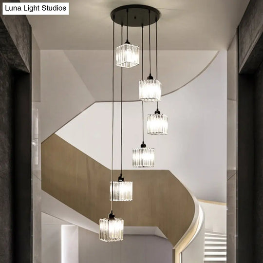 Modern Tri-Prism Crystal Spiral Cube Pendant Light - Black 6 Bulbs