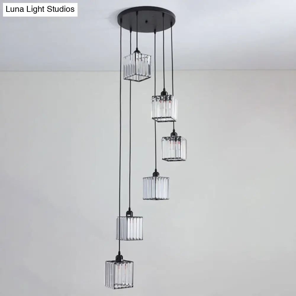 Modern Tri-Prism Crystal Spiral Cube Pendant Light - Black 6 Bulbs