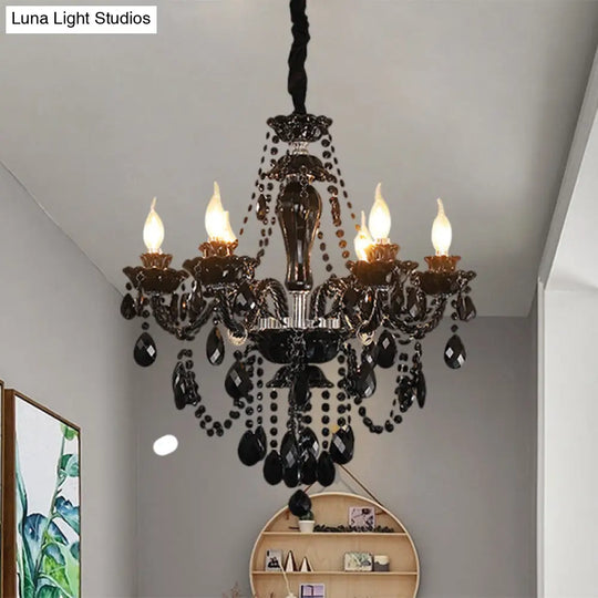 Modern Black Crystal Candelabra Chandelier Light Fixture With 6 Bulbs For Swag Ceiling Suspension