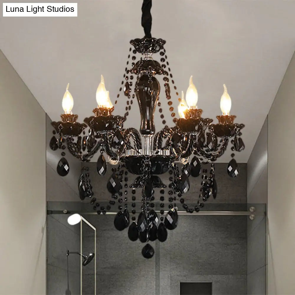 Modern Black Crystal Candelabra Chandelier Light Fixture With 6 Bulbs For Swag Ceiling Suspension