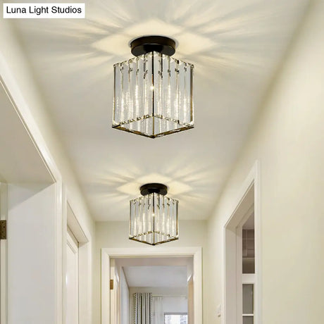 Modern Black Cube Flushmount Lighting With Clear Glass For Hallway - 1 Bulb Flush Mount Fixture