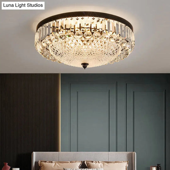 Modern Black Cut-Crystal Flush Mount Lamp For Bedroom Ceiling Lighting / Clear