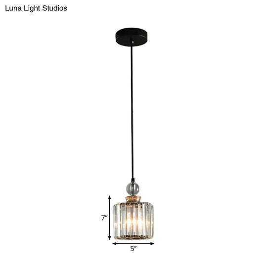 Modern Black Cylinder Pendant Lamp Kit With Crystal Prisms Shade - 1/3-Head Ceiling