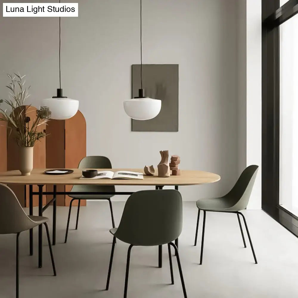 Modern Black Dome Pendant Light With White Glass Shade For Dining Table