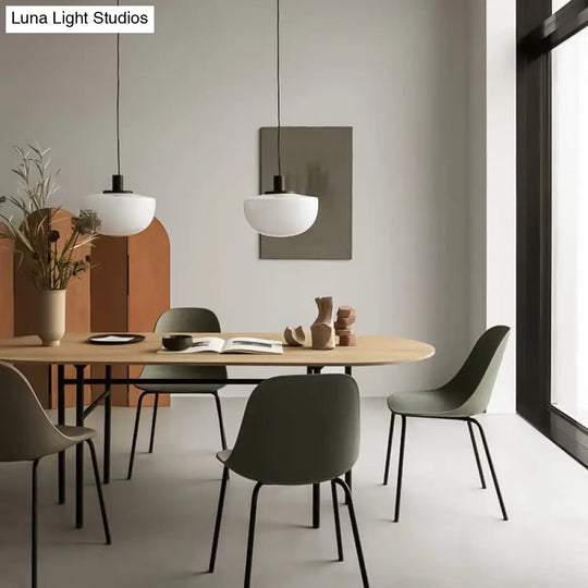 Modern Black Dome Pendant Light With White Glass Shade For Dining Table