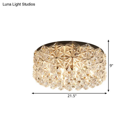 Modern Black Drum Ceiling Light Fixture With Hexagon Crystals - Flush Mount Lamp 18’/21.5’ W