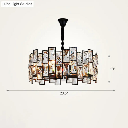 Modern Black Drum Crystal Pendant Light For Living Room - 6-Light Chandelier