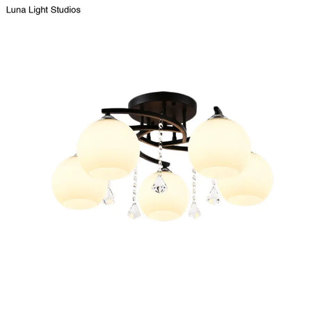 Modern Black Finish Sphere Semi Flush Lamp With Cream Glass - 5 - Bulb Spiral Mount Lighting Fixture