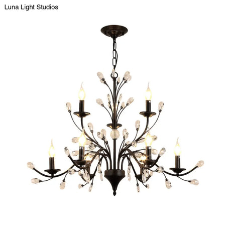 Modern Black Floral Iron Chandelier - 3/6/9-Light Dining Room Pendant With Crystal Draping