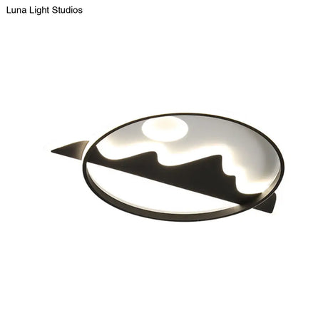 Modern Black Flush Ceiling Lamp With Led Mountain And Sun Pattern - Perfect For Living Rooms