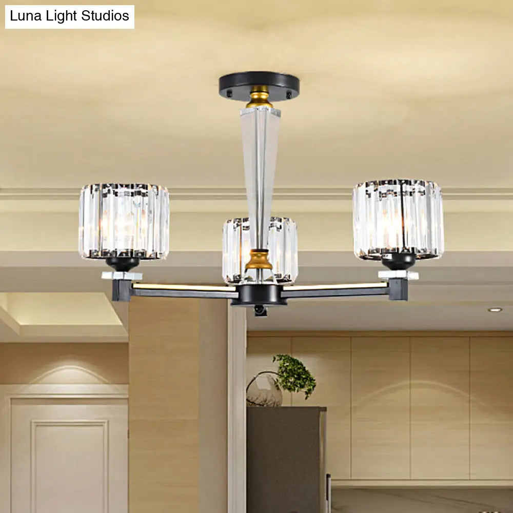 Modern Black Flush Light Fixture With Clear Crystal Blocks And 3 Bulbs
