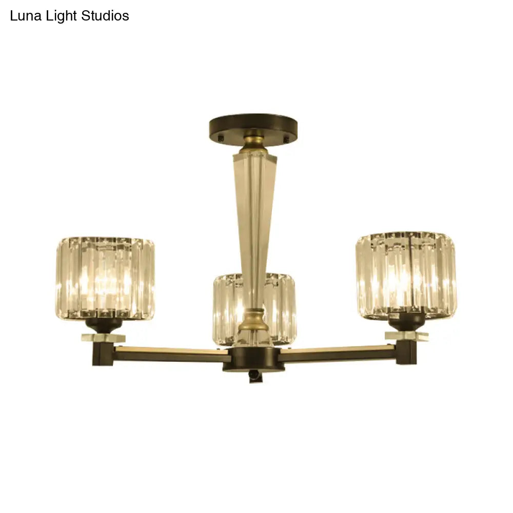 Modern Black Flush Light Fixture With Clear Crystal Blocks And 3 Bulbs