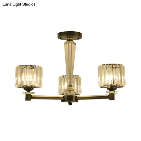 Modern Black Flush Light Fixture With Clear Crystal Blocks And 3 Bulbs