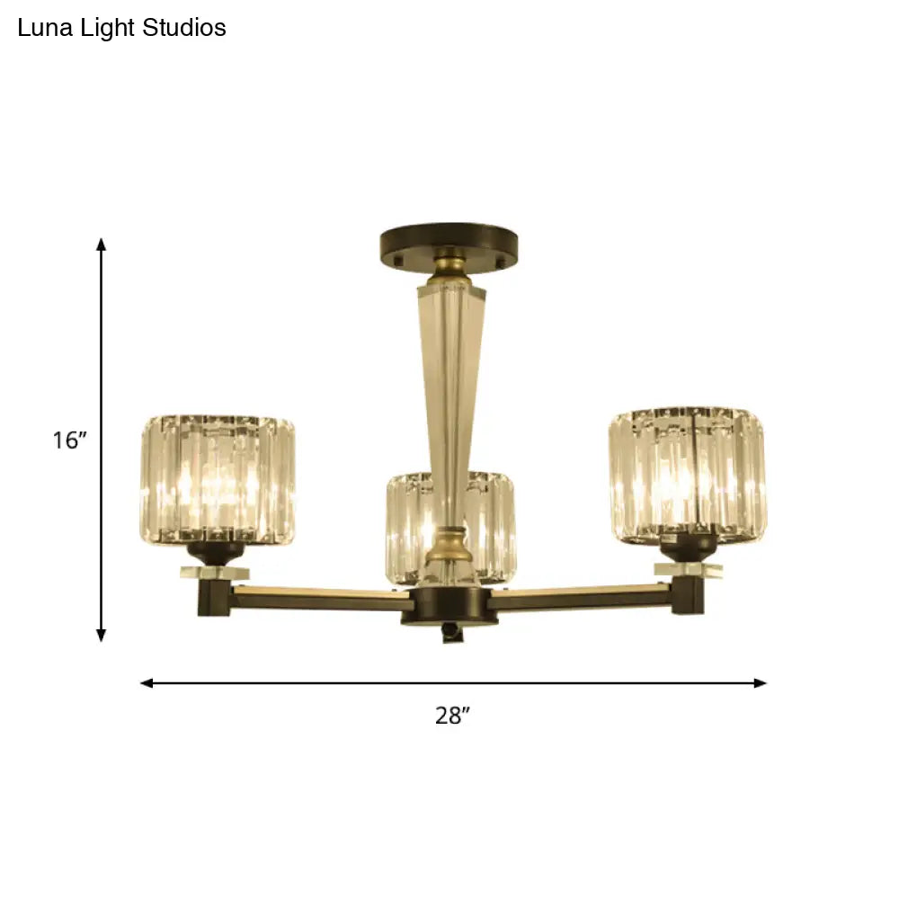 Modern Black Flush Light Fixture With Clear Crystal Blocks And 3 Bulbs