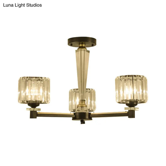 Modern Black Flush Light Fixture With Clear Crystal Blocks And 3 Bulbs
