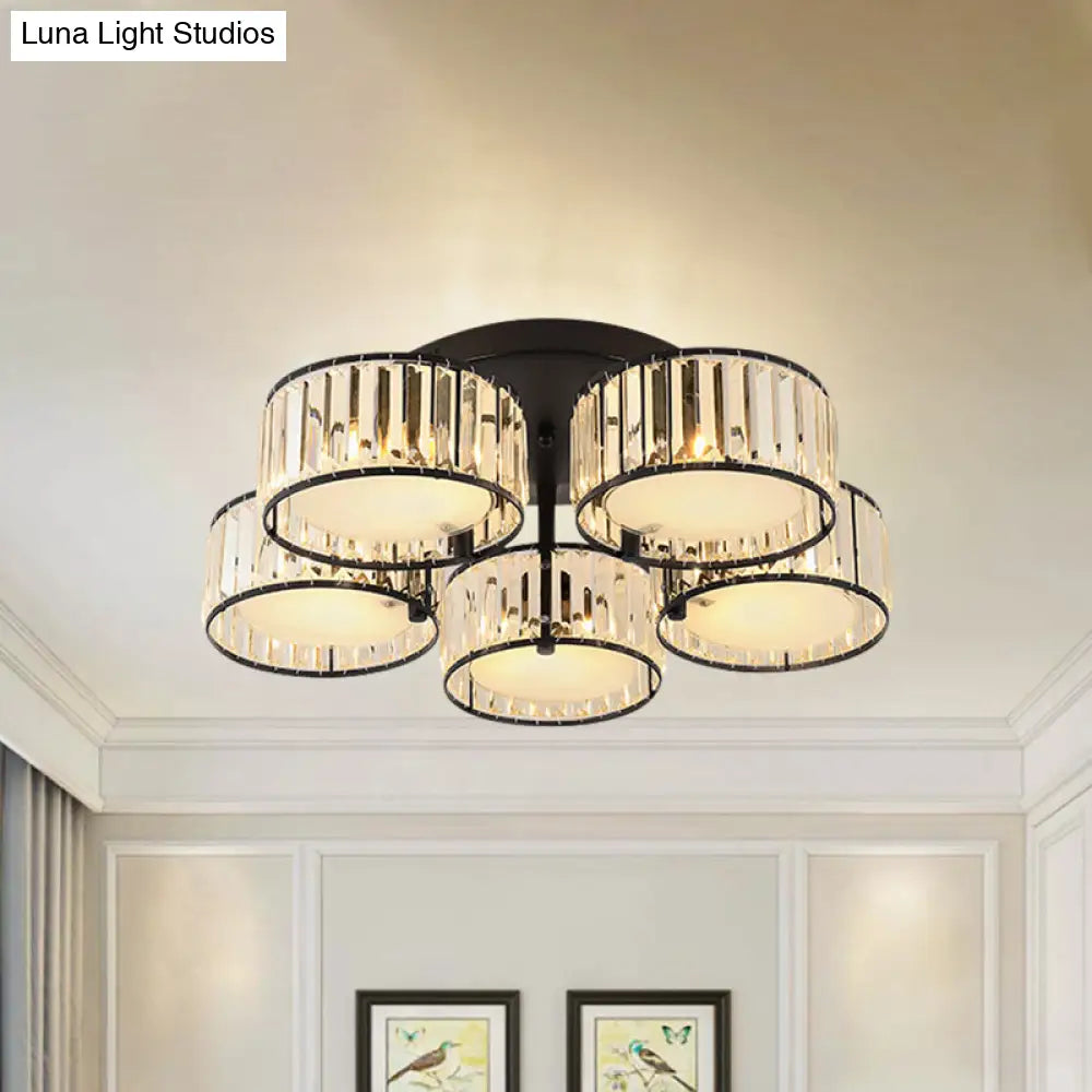 Modern Black Flush Mount Ceiling Light Fixture With Drum Crystal Shade - 3/5/6 Lights For Living