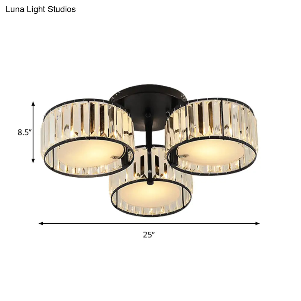 Modern Black Flush Mount Ceiling Light Fixture With Drum Crystal Shade - 3/5/6 Lights For Living