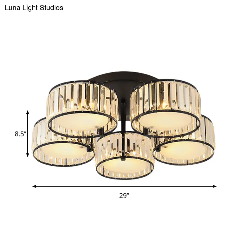 Modern Black Flush Mount Ceiling Light Fixture With Drum Crystal Shade - 3/5/6 Lights For Living