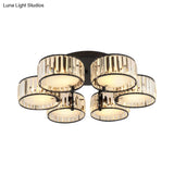 Modern Black Flush Mount Ceiling Light Fixture With Drum Crystal Shade - 3/5/6 Lights For Living