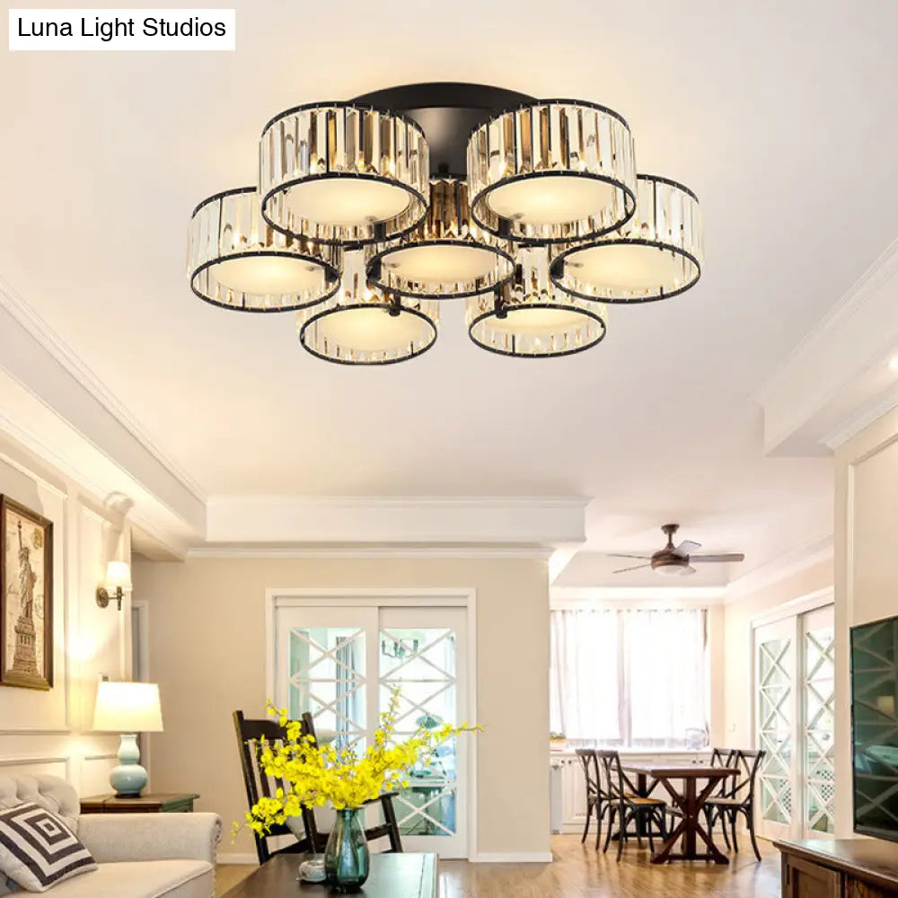 Modern Black Flush Mount Ceiling Light Fixture With Drum Crystal Shade - 3/5/6 Lights For Living
