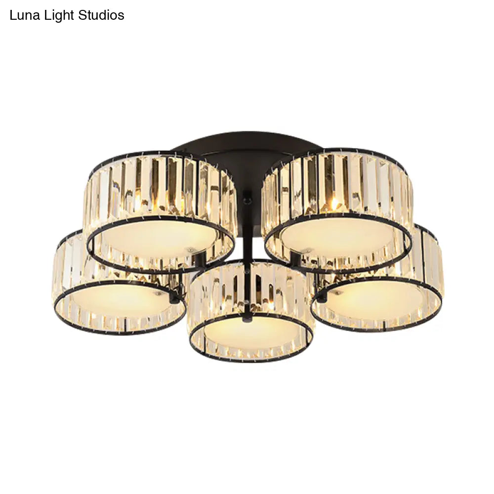 Modern Black Flush Mount Ceiling Light Fixture With Drum Crystal Shade - 3/5/6 Lights For Living